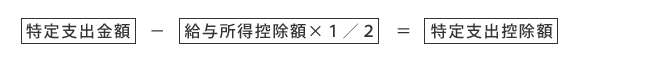 特定支出金額－給与所得控除額×１／２＝特定支出控除額